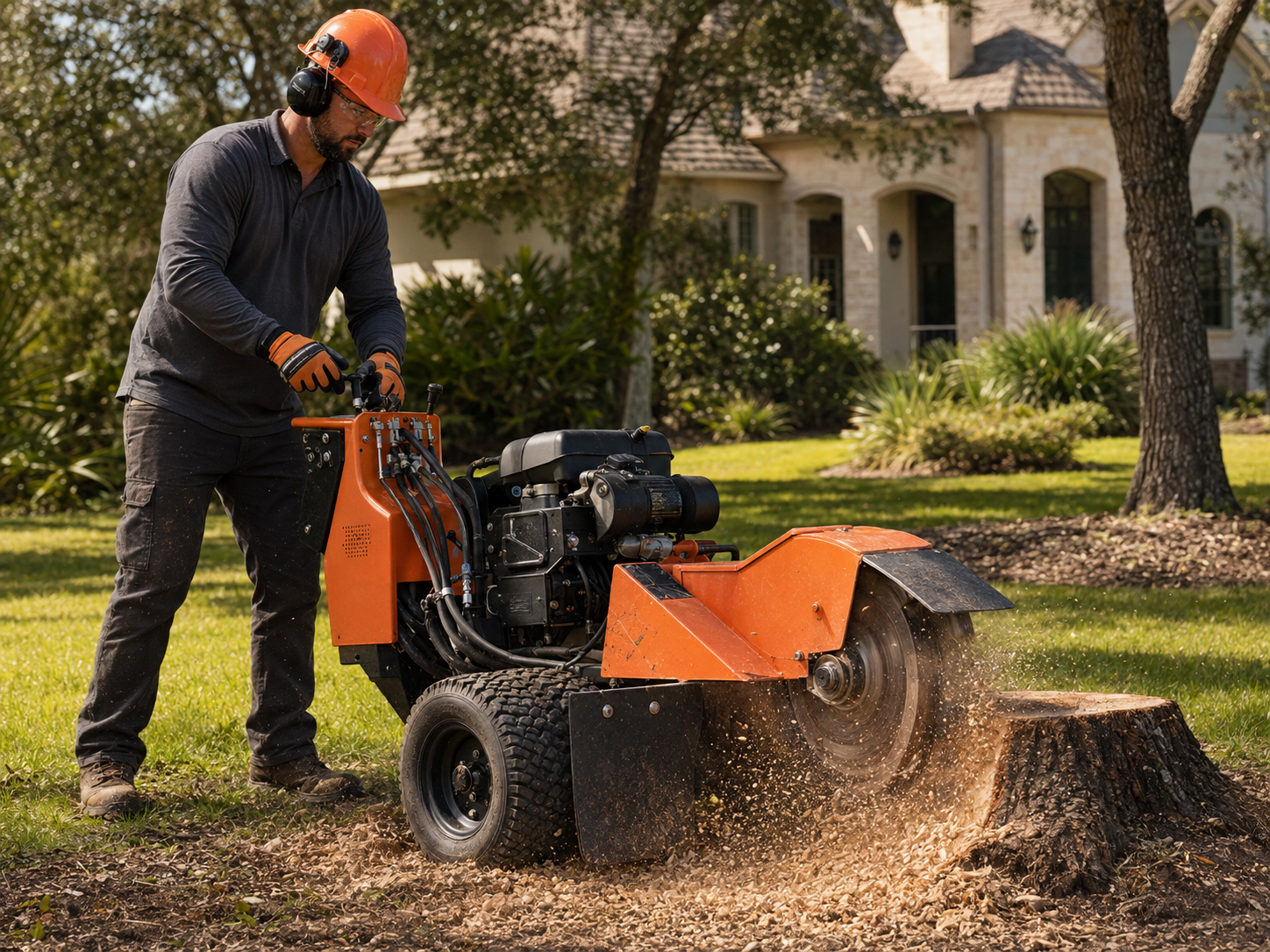 Tree-care professional operating a commercial stump grinder in a residential yard