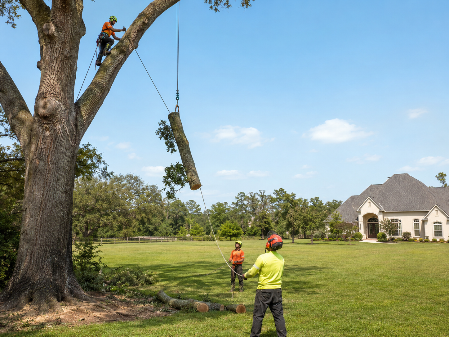 Professional arborist crew using rigging to remove a large tree beside a Houston-area home