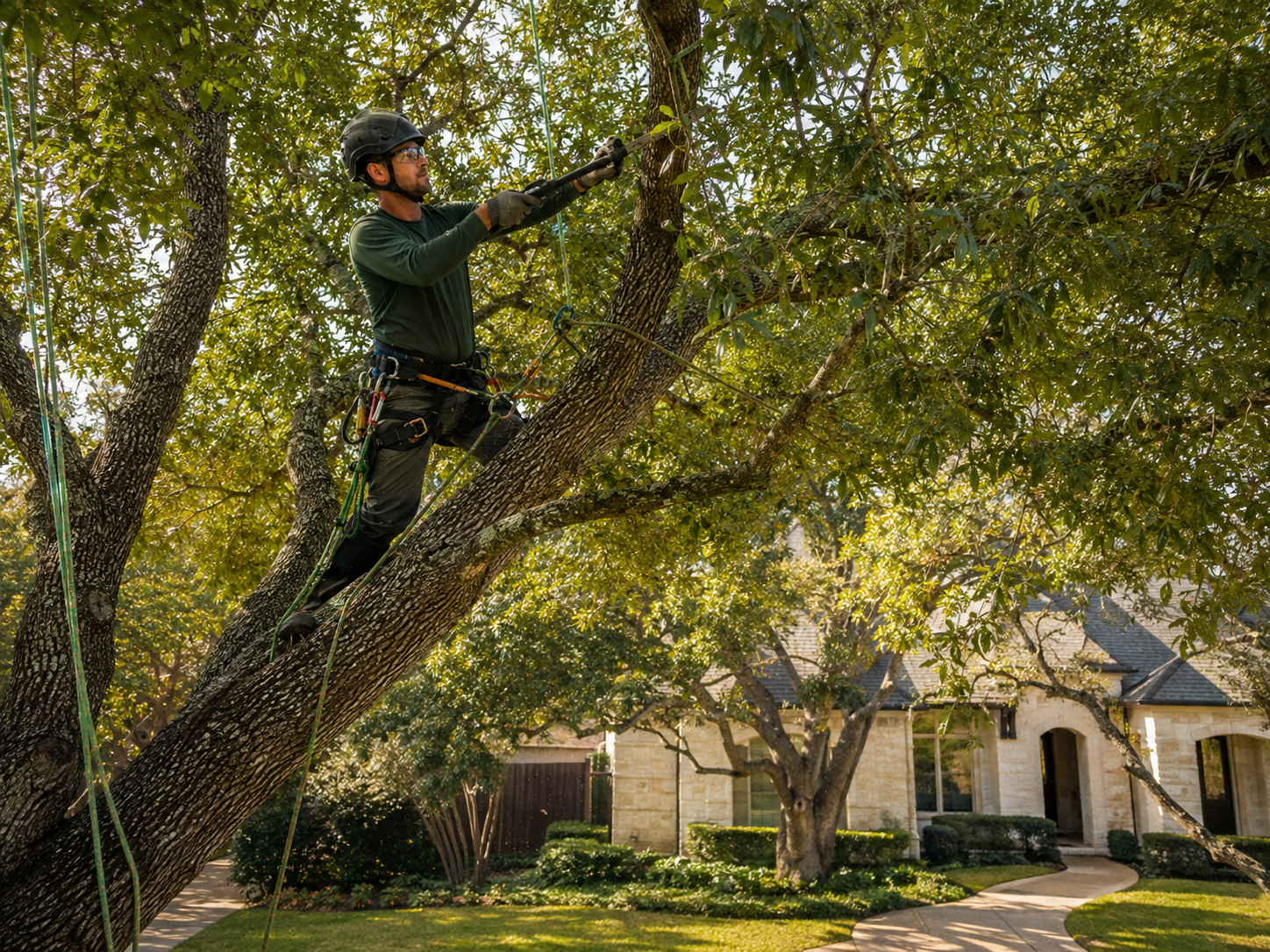 Professional arborist safely trimming the canopy of a mature Texas live oak